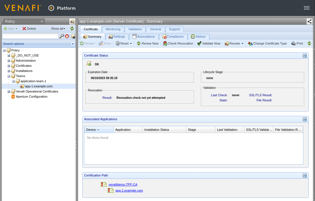 Screenshot of the certificate summary page in the Venafi TPP web UI